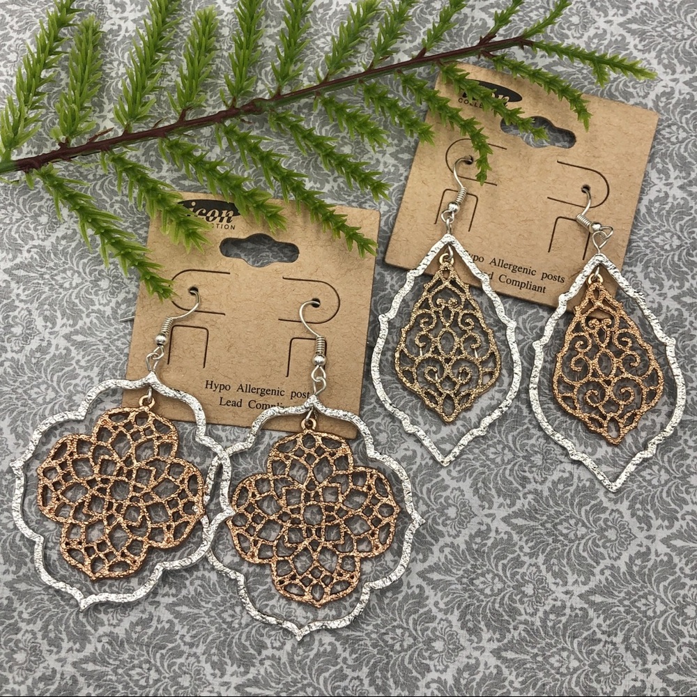 🌼 Filigree Copper & Silver Dangle Earrings
